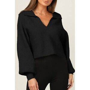 CHYRII Womens Black Collared V Neck Knit Pullover Sweater Cropped Long Sleeve XL